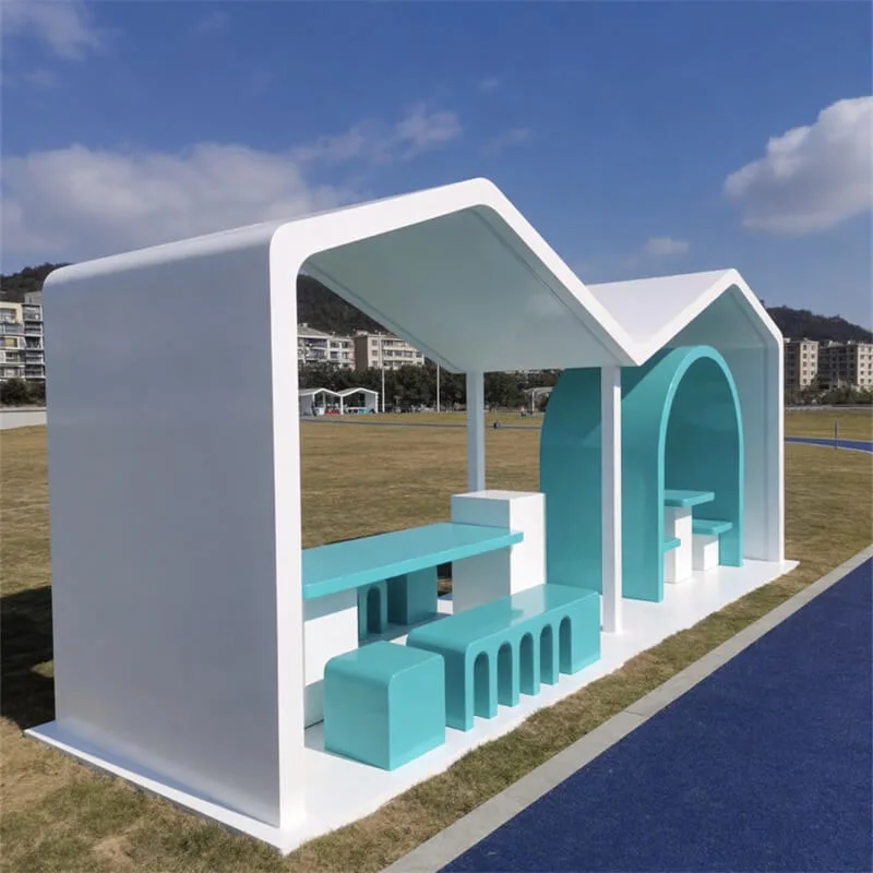 Outdoor Blue-White FRP Pavilion Multi-Functional Waiting Shelter with Built-In Tables and Benches