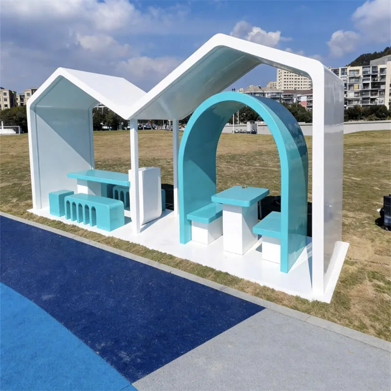 Outdoor Blue-White FRP Pavilion Multi-Functional Waiting Shelter with Built-In Tables and Benches — view 4