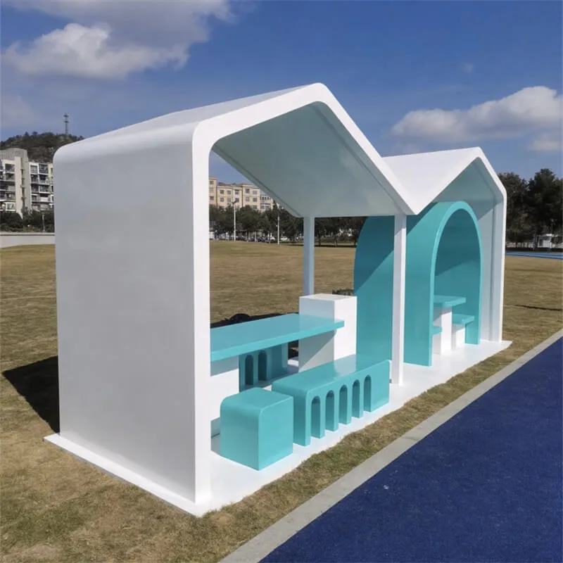 Outdoor Blue-White FRP Pavilion Multi-Functional Waiting Shelter with Built-In Tables and Benches — view 3