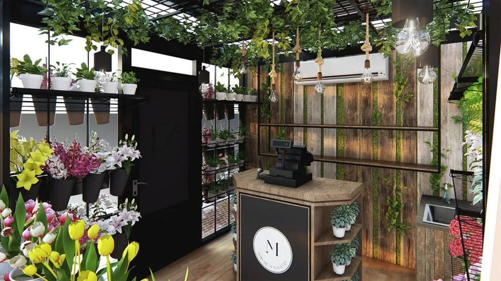 Outdoor Flower Display Kiosk with Vertical Planters and Service Counter for Farmers Markets and Plazas — view 3