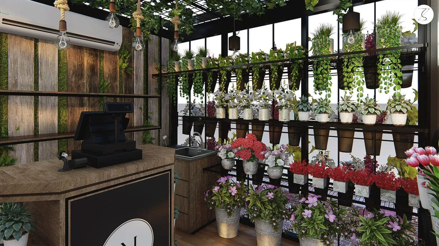 Outdoor Flower Display Kiosk with Vertical Planters and Service Counter for Farmers Markets and Plazas — view 2