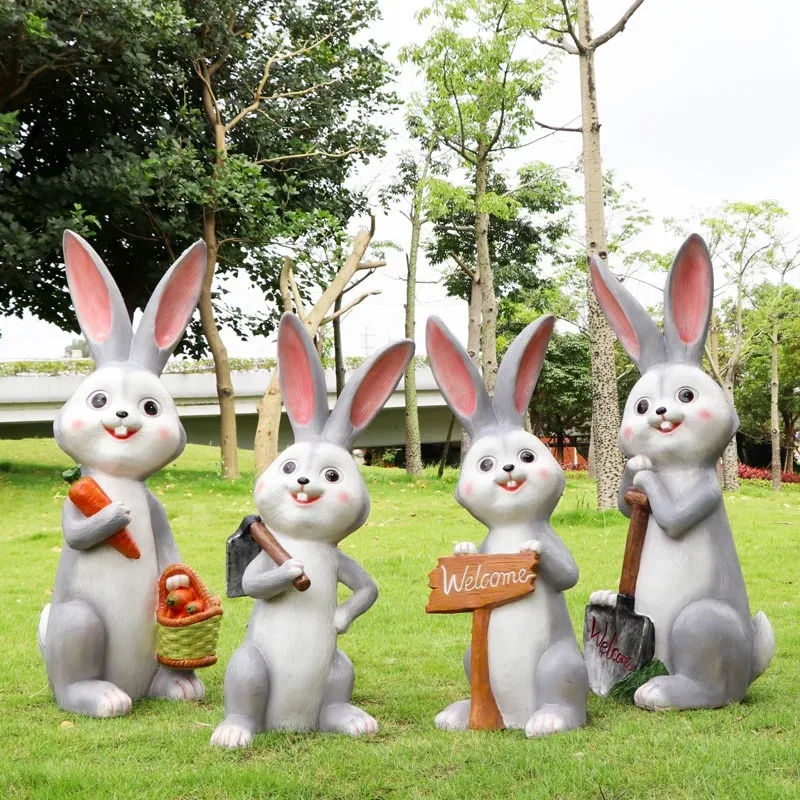 Outdoor FRP Cartoon Rabbit Statue Set with Welcome Sign for Garden Lawn Landscape Decor — view 4
