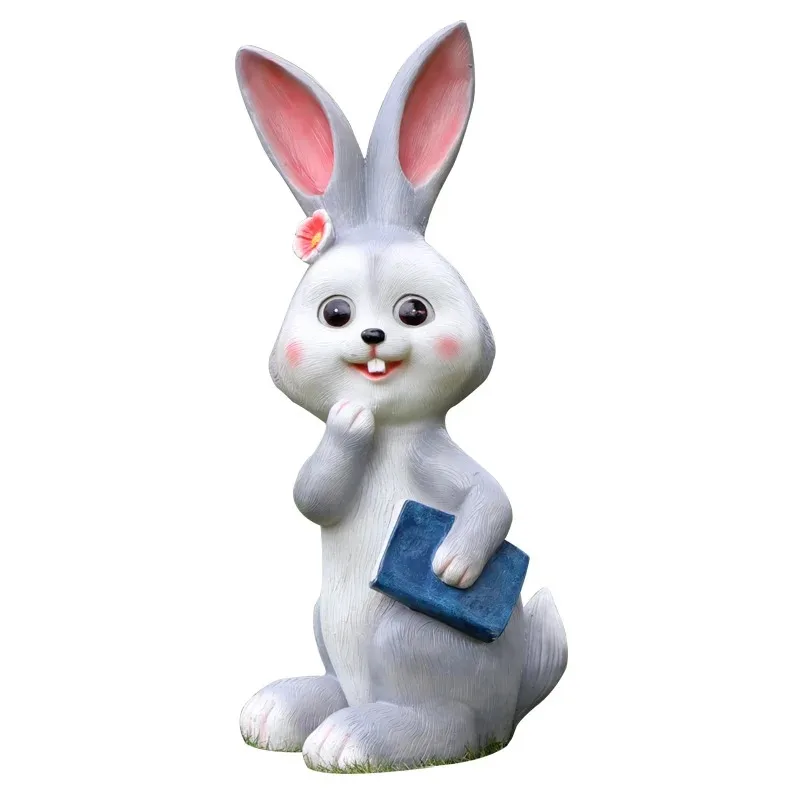 Outdoor FRP Cartoon Rabbit Statue Set with Welcome Sign for Garden Lawn Landscape Decor — view 3