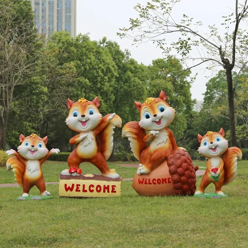 Outdoor FRP Cartoon Squirrel Statue Set with Welcome Sign for Park Lawn Decor