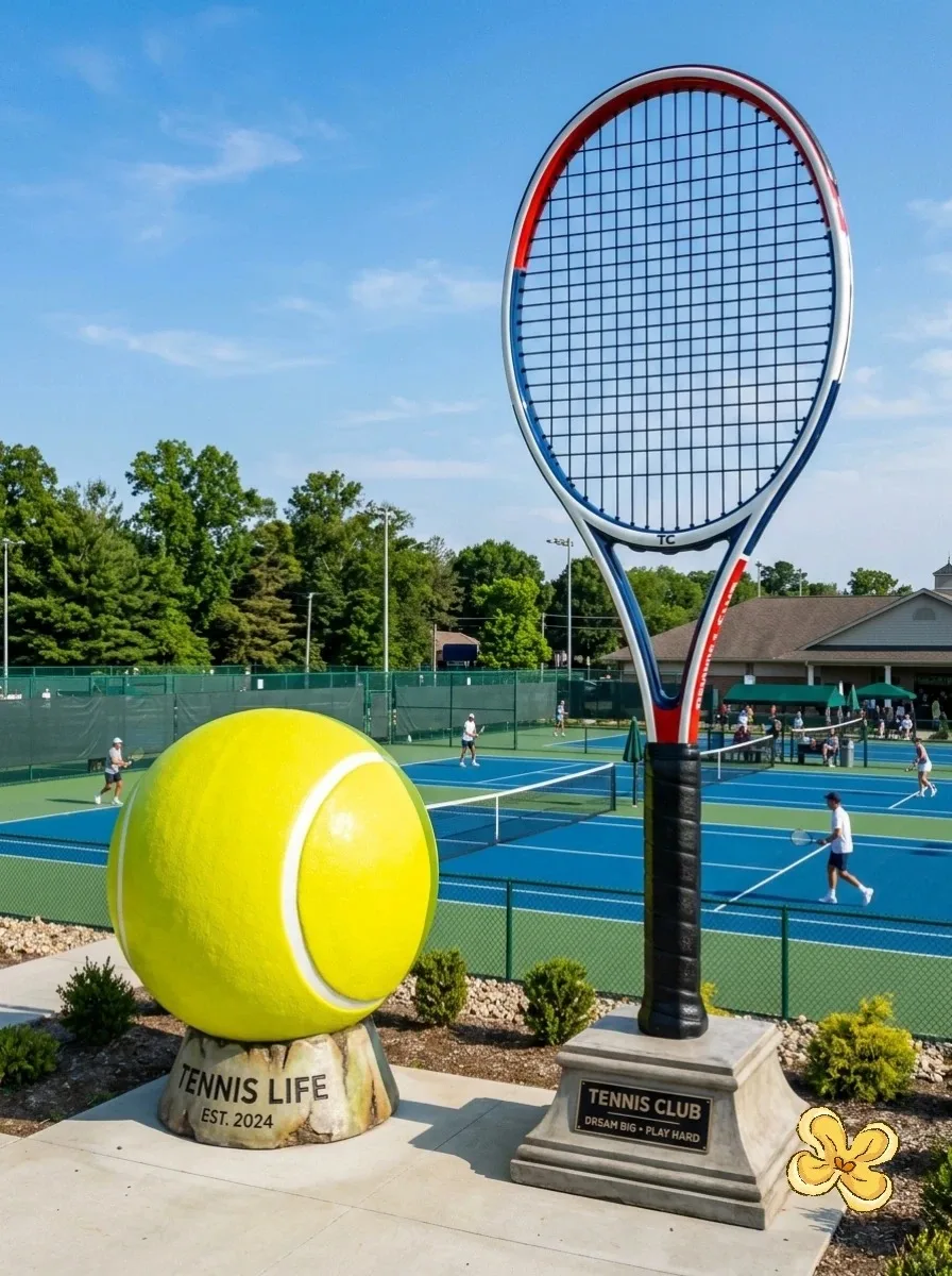 Outdoor FRP Giant Tennis Racket and Ball Sculpture for Tennis Club Court Landscape Decor