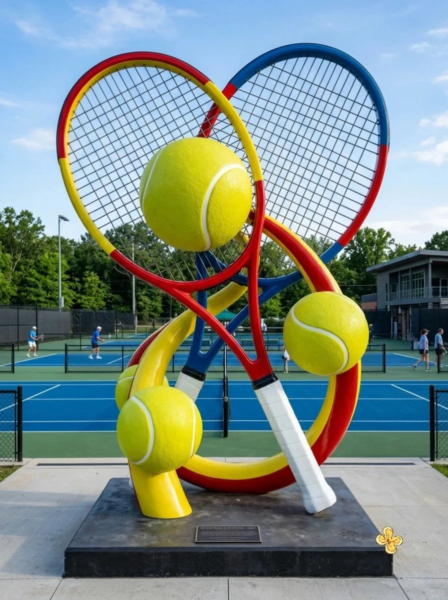 Outdoor FRP Giant Tennis Racket and Ball Sculpture for Tennis Club Court Landscape Decor — view 2