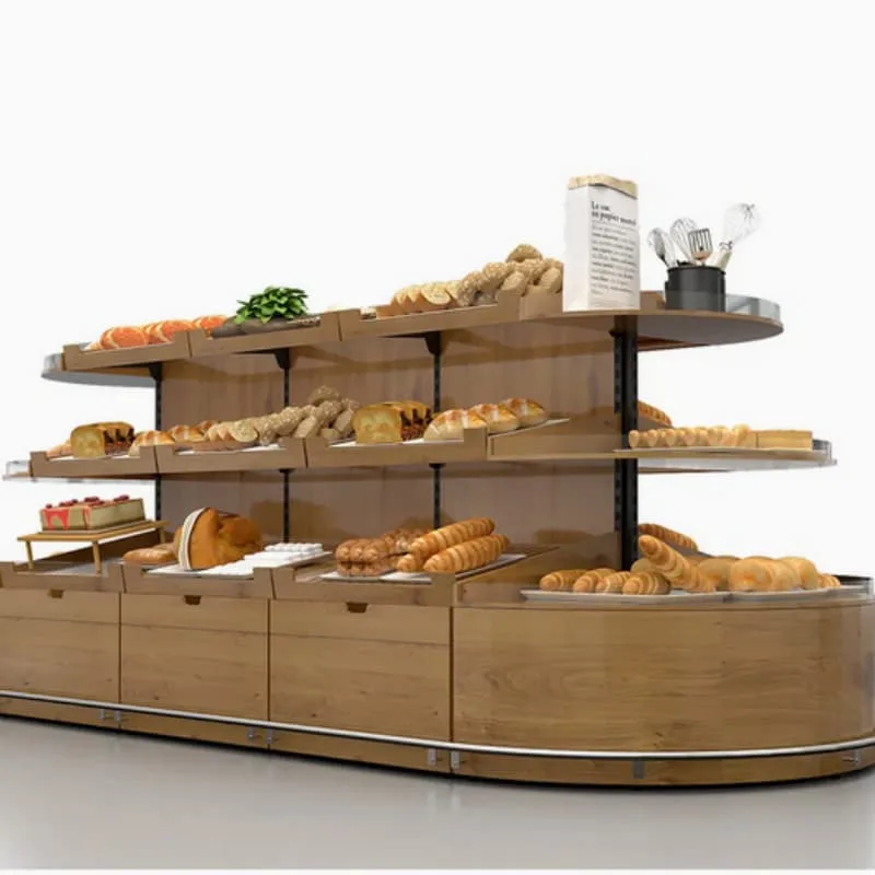 Oval Multi-Tier Wood Slat Freestanding Bakery Bread Display Gondola Shelving Rack — view 4