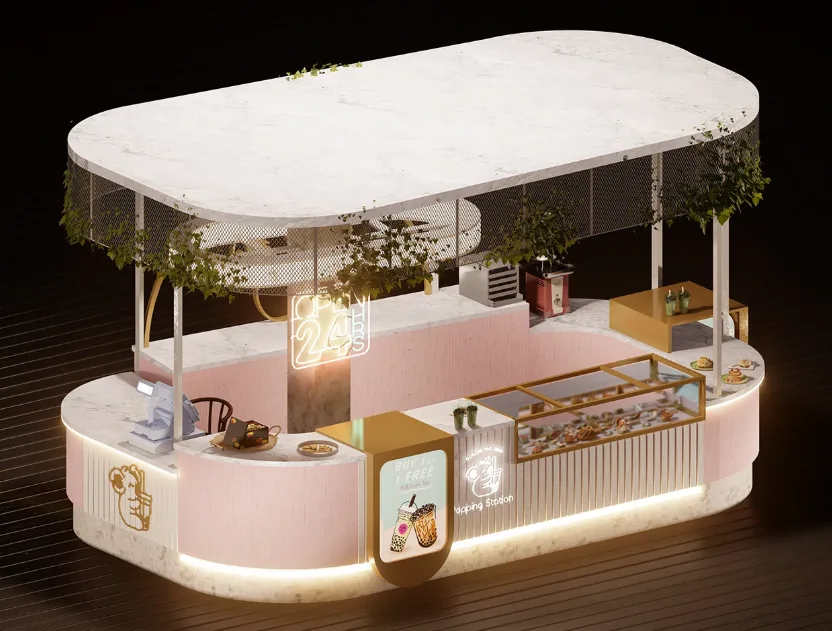Oval Pink Gold Bubble Tea Kiosk — Marble Base, Mesh Canopy, LED Neon, Display Cabinet, Mall Ready — view 4