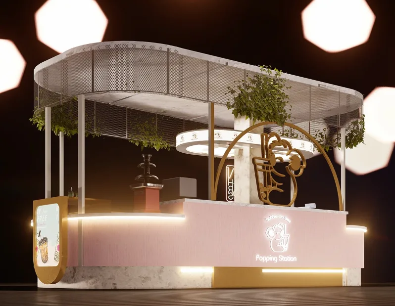 Oval Pink Gold Bubble Tea Kiosk — Marble Base, Mesh Canopy, LED Neon, Display Cabinet, Mall Ready — view 3