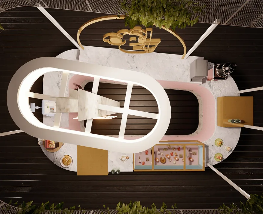 Oval Pink Gold Bubble Tea Kiosk — Marble Base, Mesh Canopy, LED Neon, Display Cabinet, Mall Ready — view 5