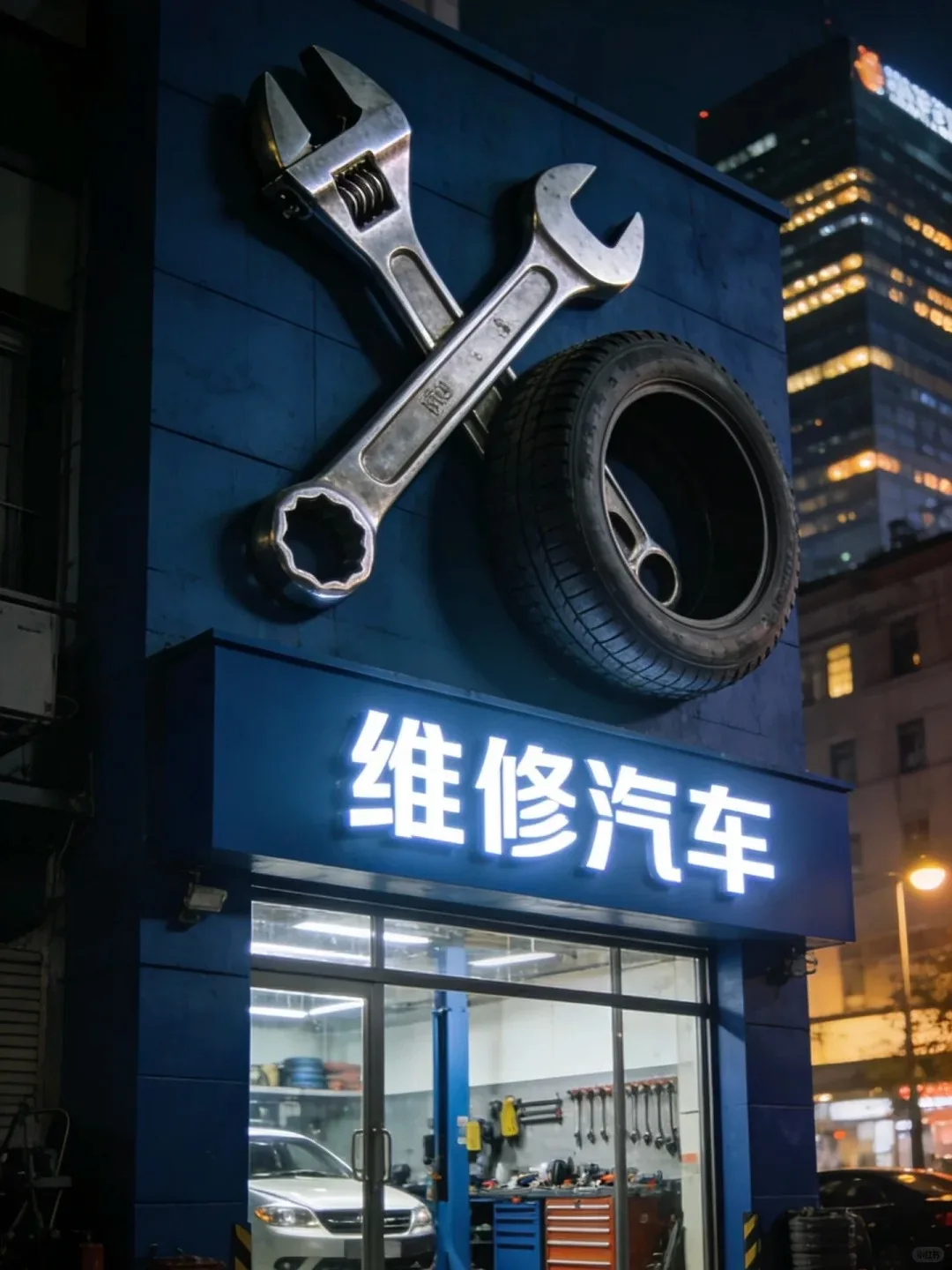 Oversized FRP Wrench & Tire Sculpture Set for Auto Repair Shop Facade Sign Decor — view 3