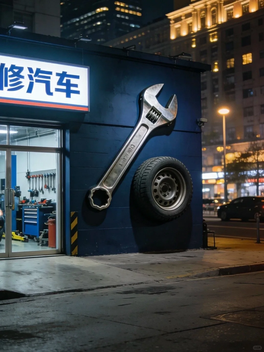 Oversized FRP Wrench & Tire Sculpture Set for Auto Repair Shop Facade Sign Decor — view 2