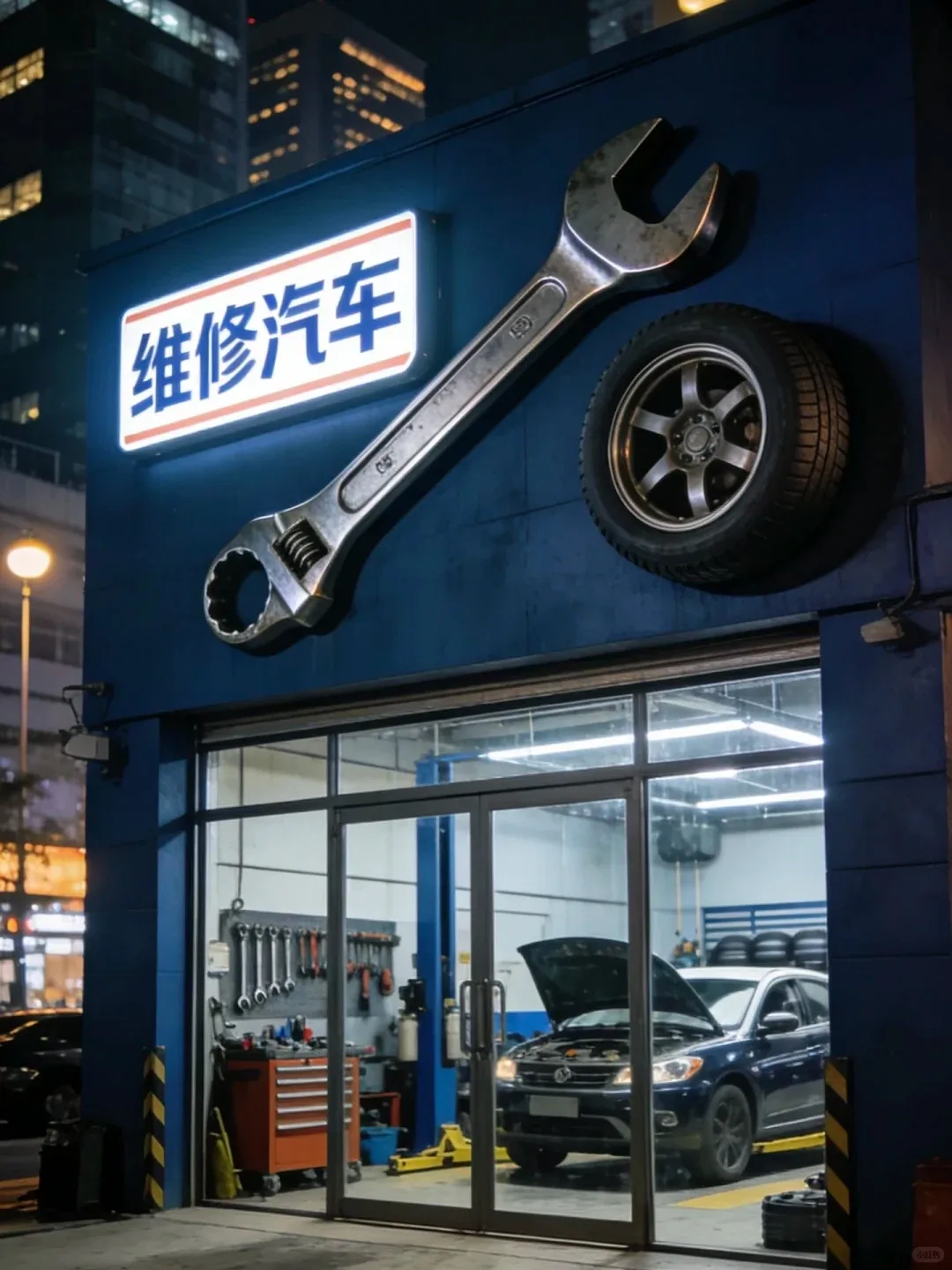 Oversized FRP Wrench & Tire Sculpture Set for Auto Repair Shop Facade Sign Decor