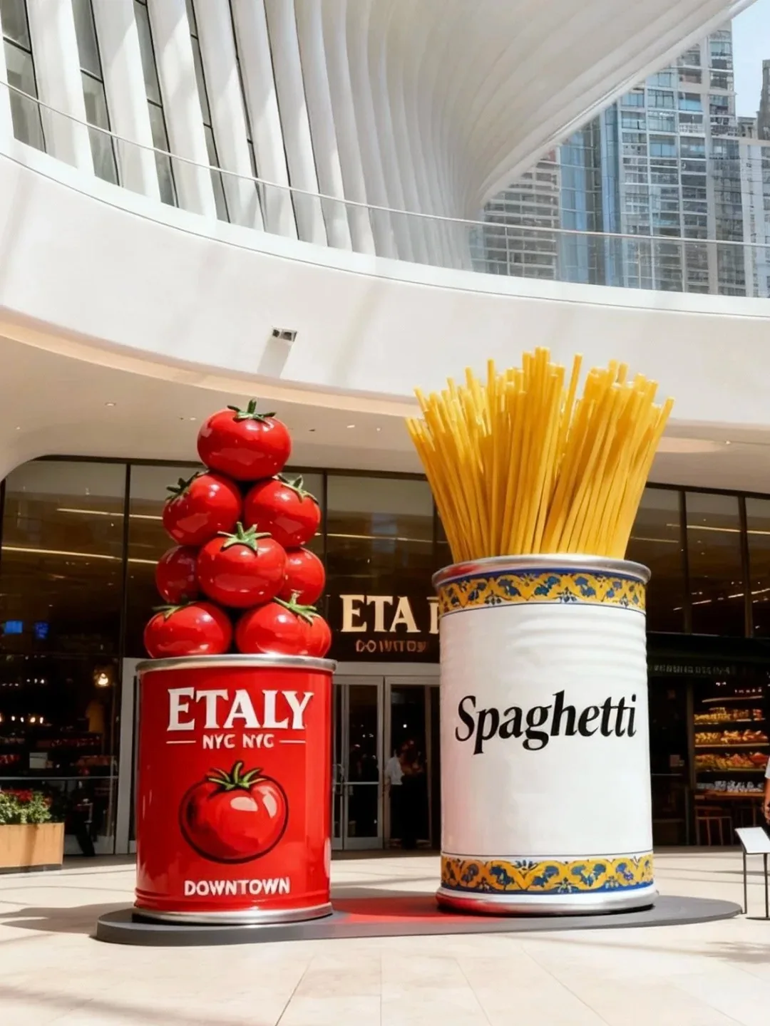 Oversized Giant Can & Tomato Fiberglass Sculpture, Fun Italian Food Theme Decor For Restaurant Front, Mall Atrium, Food Market & Café Window