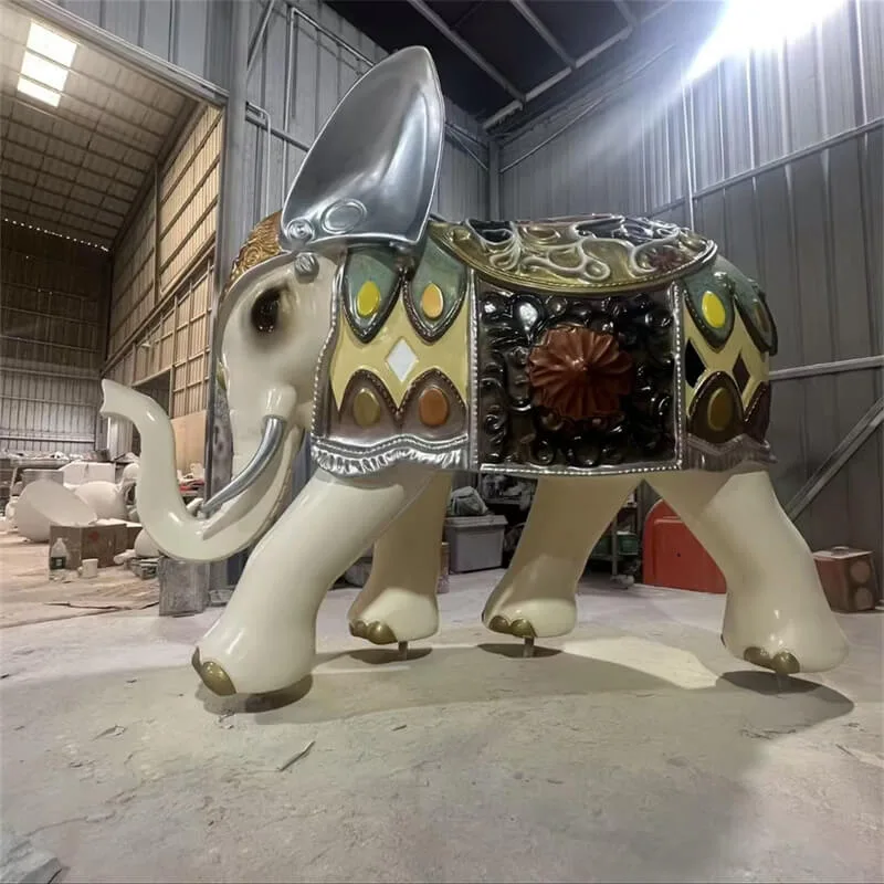 Painted Auspicious Elephant Fiberglass Sculpture | Ornate Pattern Elephant Sculpture, Custom Outdoor Decor for Hotels and Scenic Spots — view 3