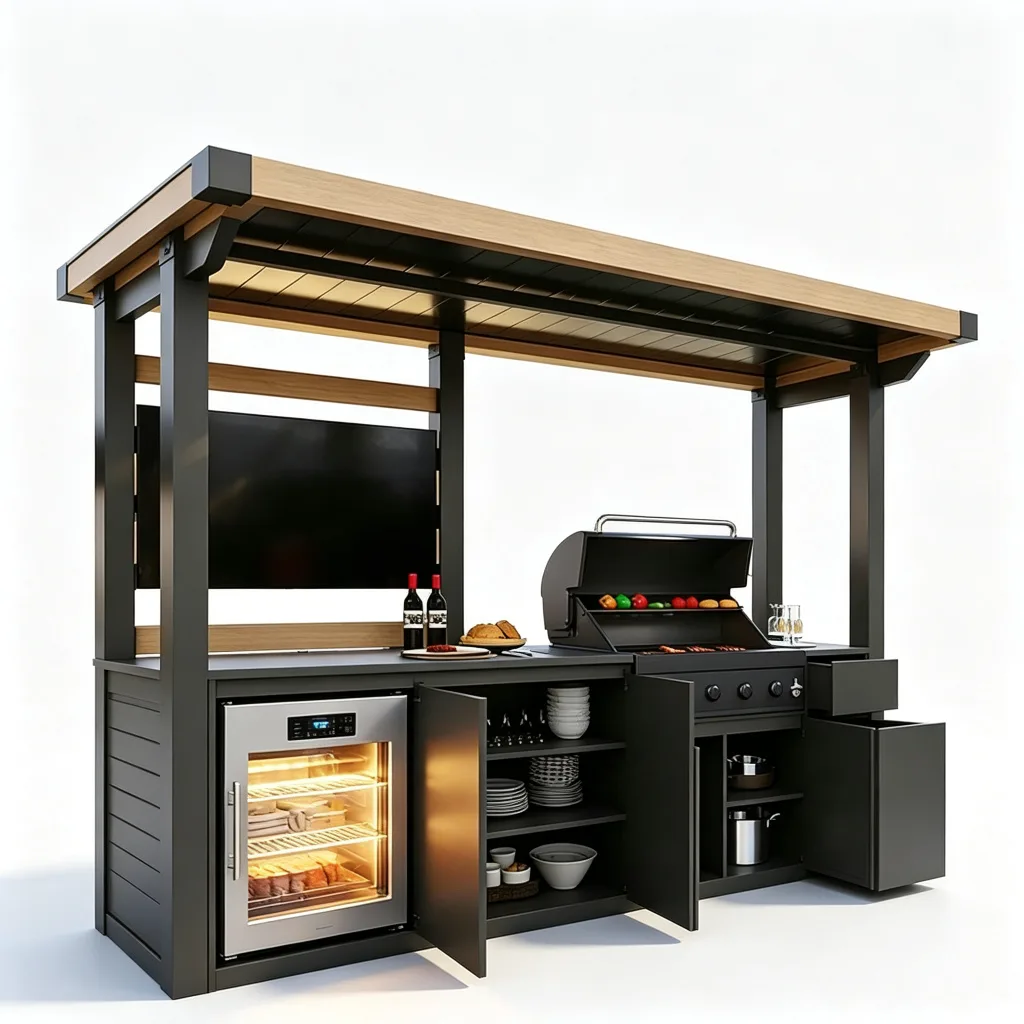 Pergola-Style Open BBQ Pod with TV and Beverage Fridge — view 3