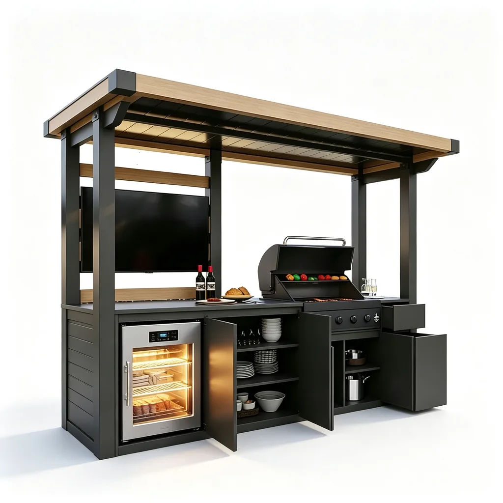 Pergola-Style Open BBQ Pod with TV and Beverage Fridge — view 4