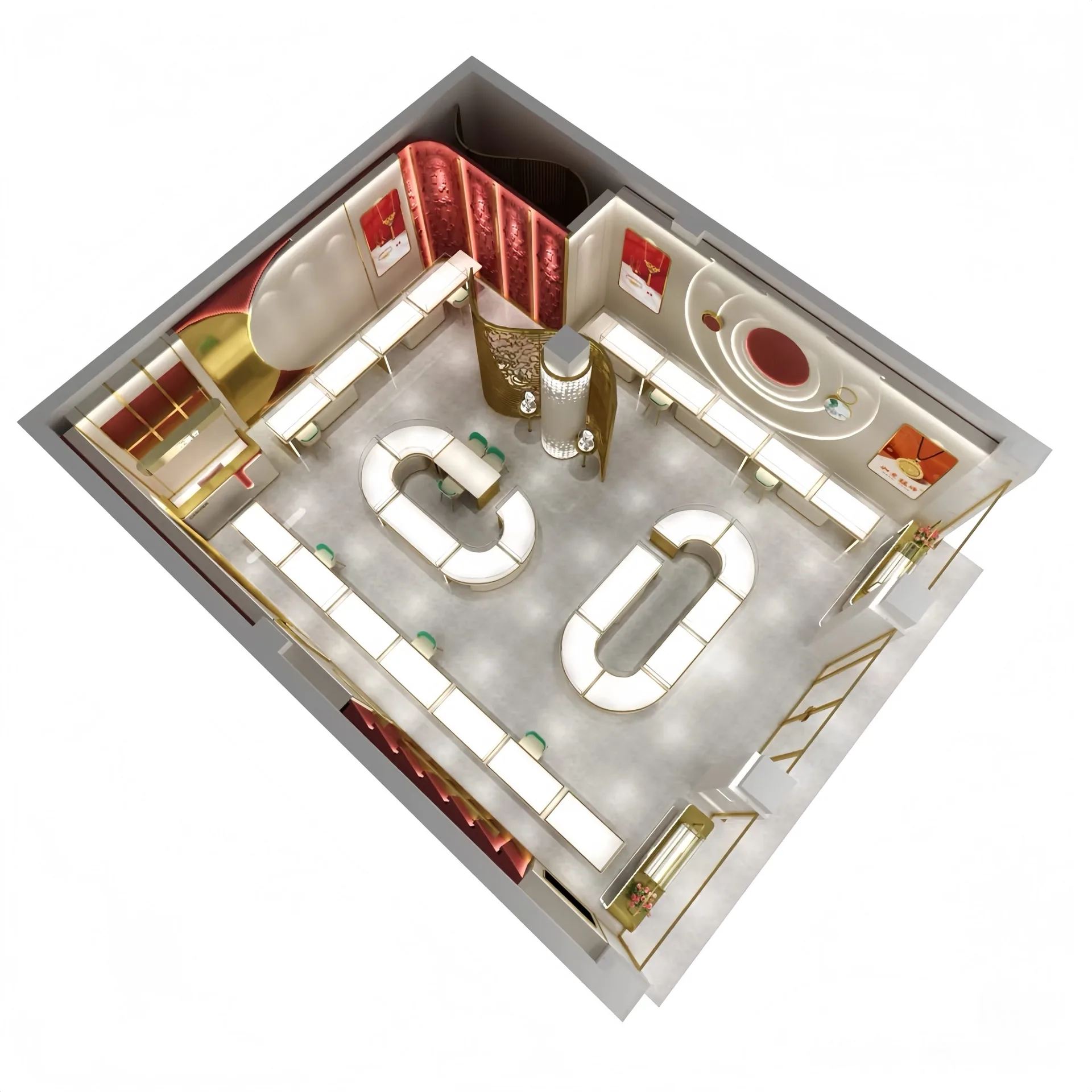 Petal-Shaped Retail Display Island | Gold Trim Glass Showcase for Luxury Boutiques — view 4