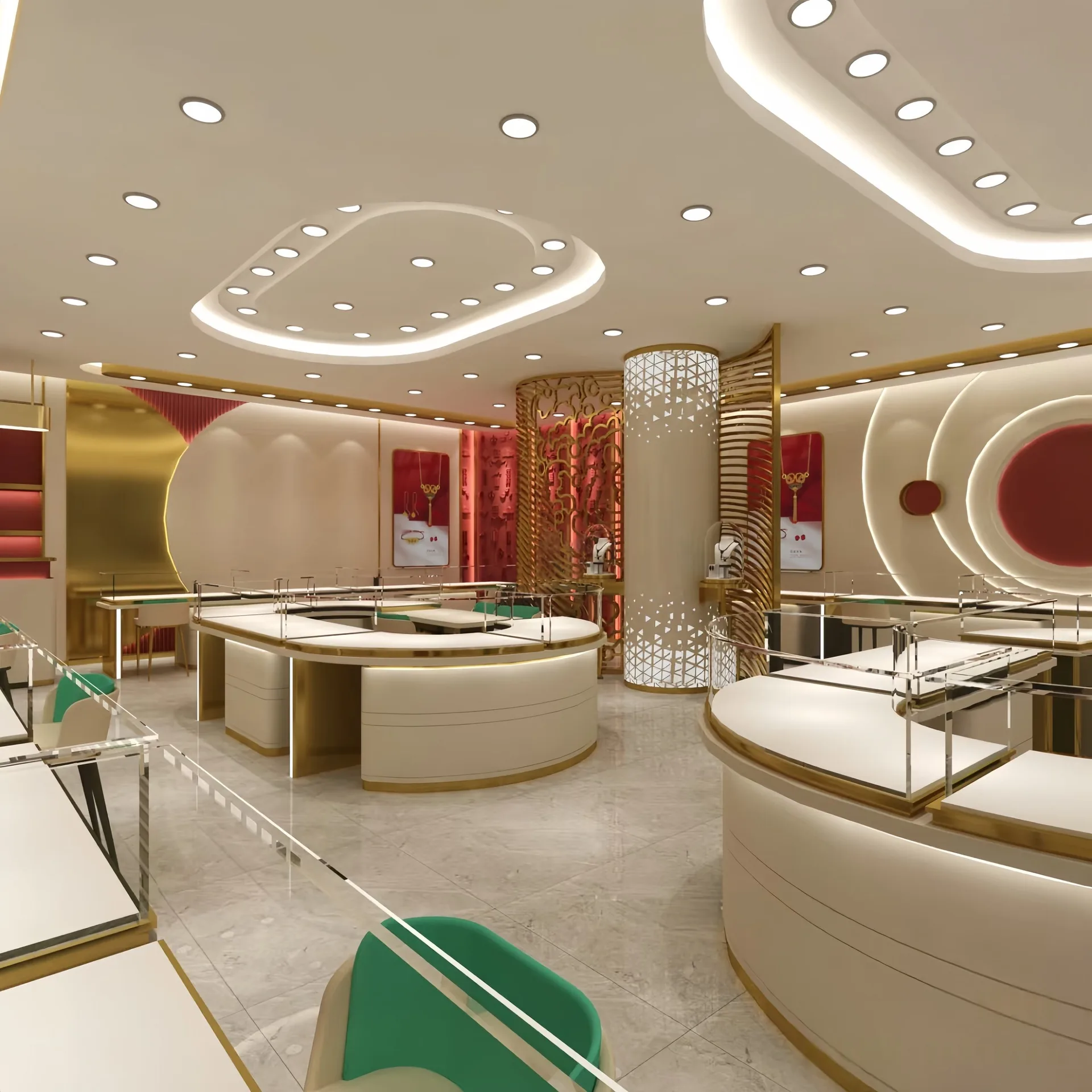 Petal-Shaped Retail Display Island | Gold Trim Glass Showcase for Luxury Boutiques — view 3
