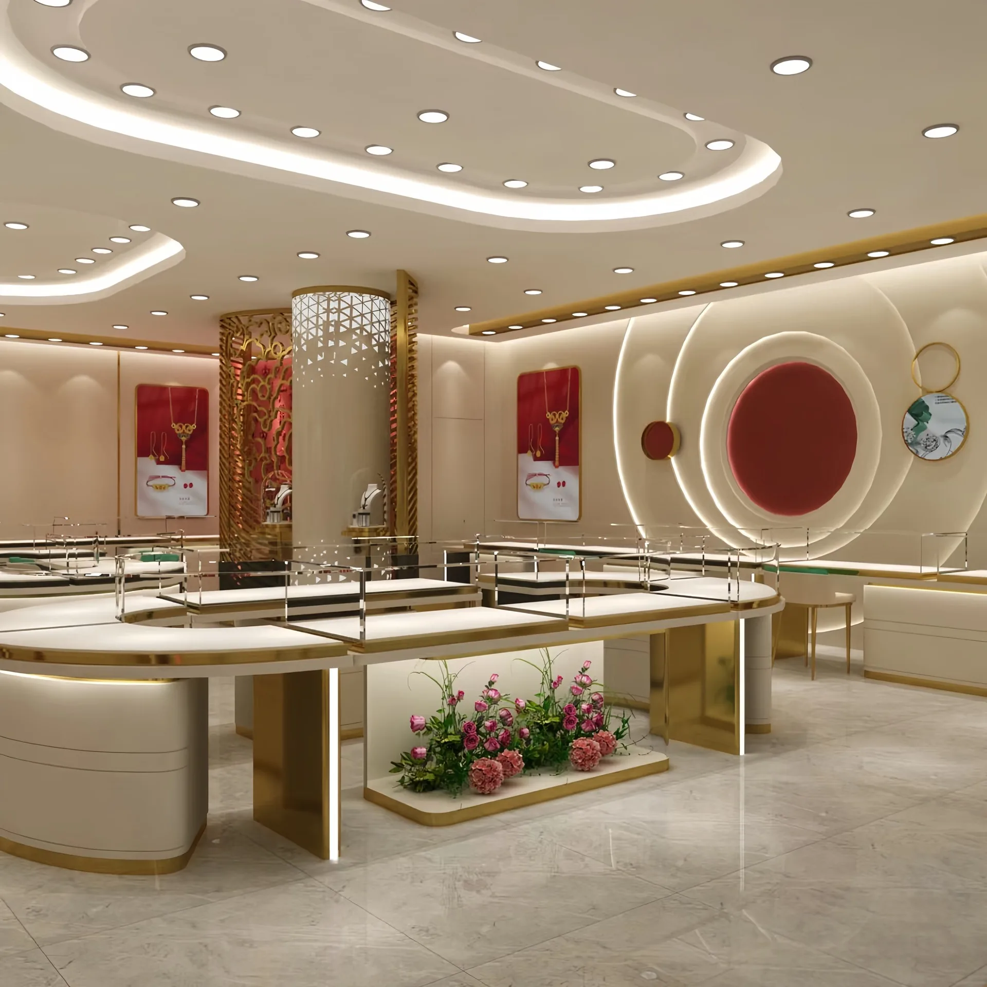 Petal-Shaped Retail Display Island | Gold Trim Glass Showcase for Luxury Boutiques — view 5