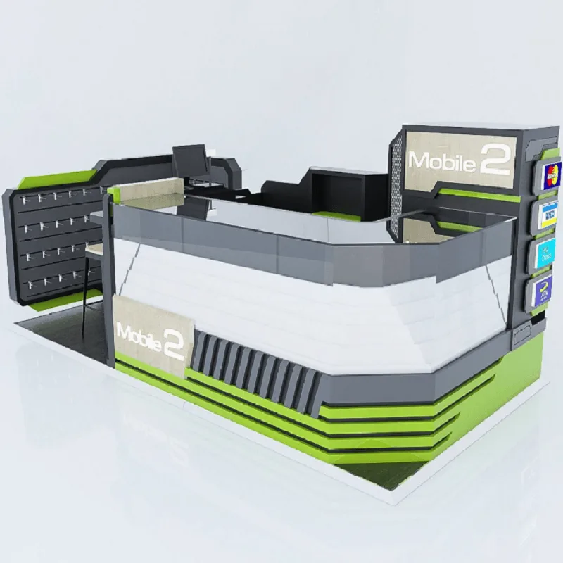 Phone Display Kiosk with LED Lights – Modular Mobile Phone Showcase Counter for Retail Stores, Malls, Includes Accessory Racks & POS Station