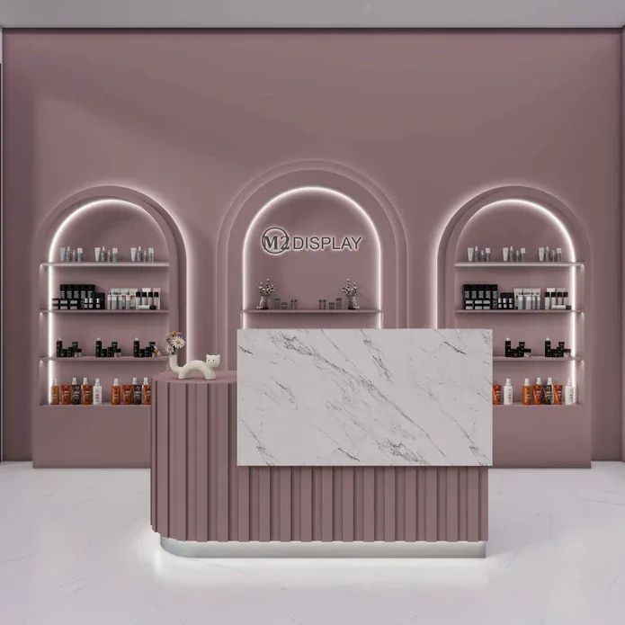 Pink baking painting salon reception desk design L-shaped consultation service front desk — view 4