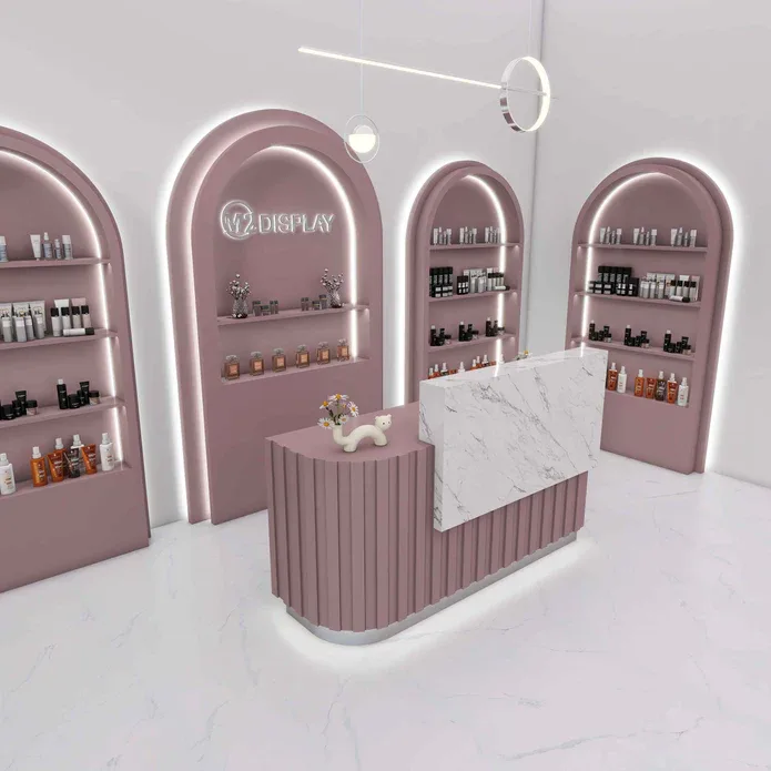 Pink baking painting salon reception desk design L-shaped consultation service front desk — view 3