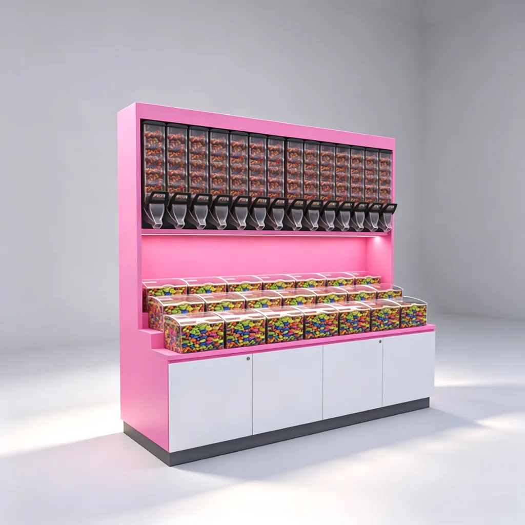 Pink Candy Display Cabinet with Gravity Feed Dispensers and Acrylic Bins