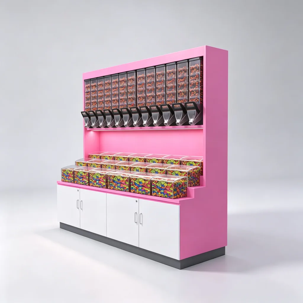 Pink Candy Display Cabinet with Gravity Feed Dispensers and Acrylic Bins — view 2