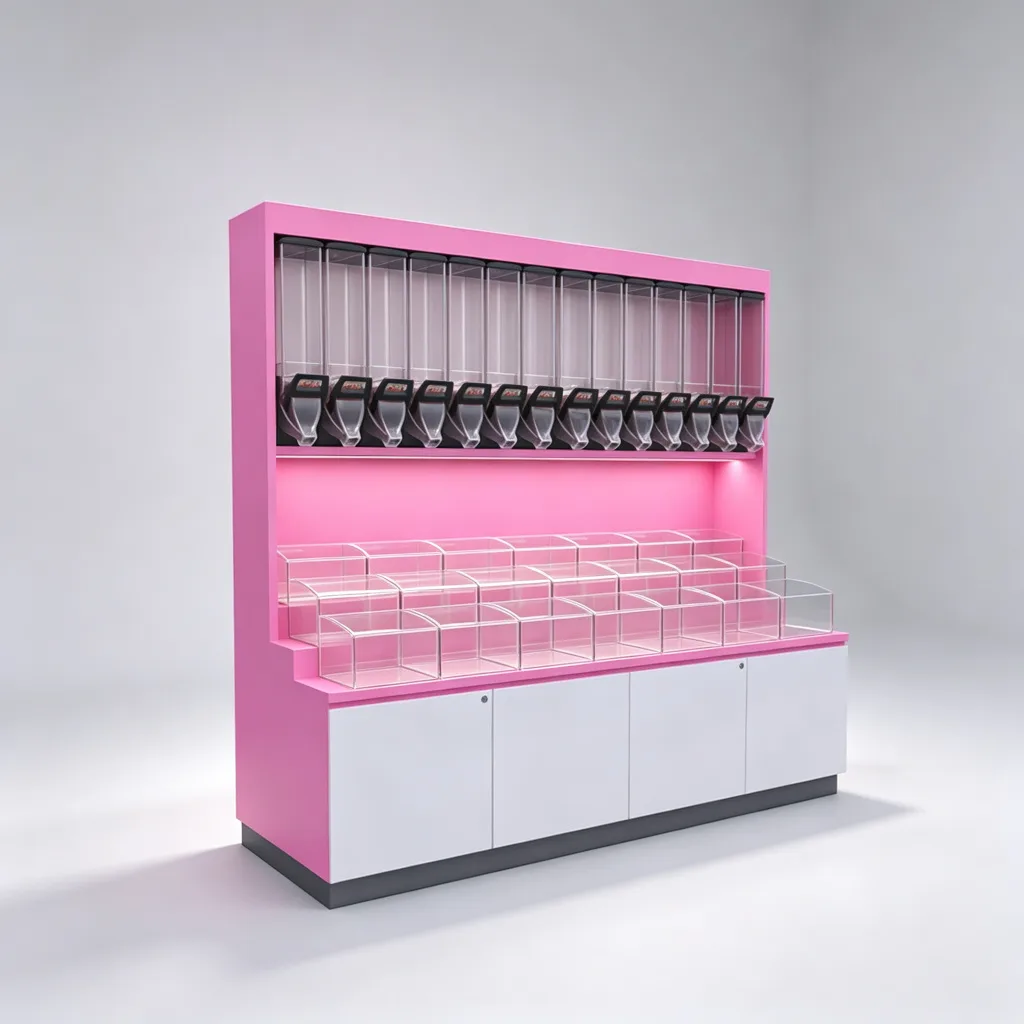 Pink Candy Display Cabinet with Gravity Feed Dispensers and Acrylic Bins — view 4