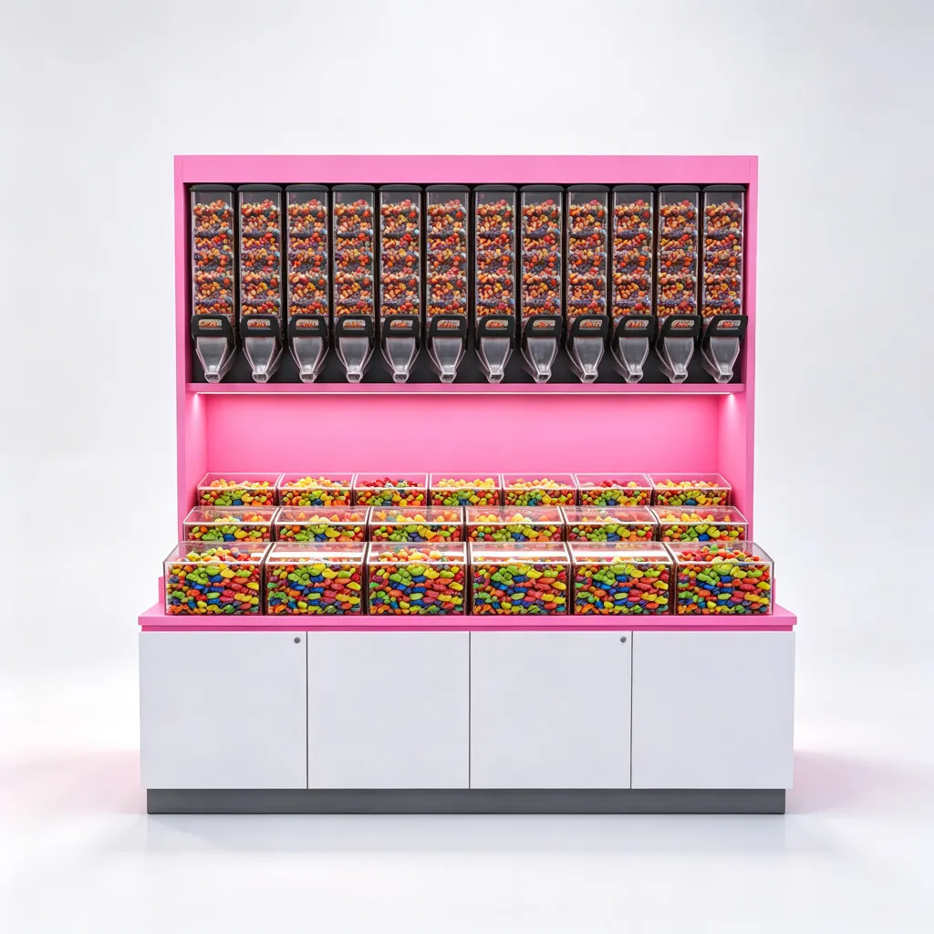 Pink Candy Display Cabinet with Gravity Feed Dispensers and Acrylic Bins — view 3