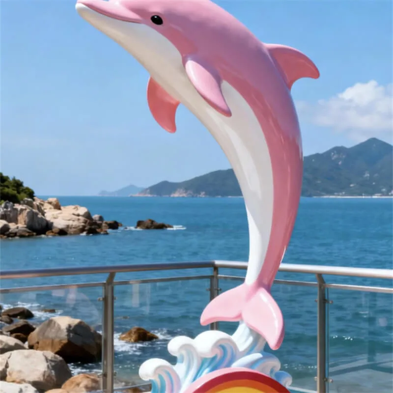 Pink Dolphin Fiberglass Sculpture | Coastal Park Cute Dolphin Statue | Outdoor Rainbow Wave Dolphin Decor — view 3