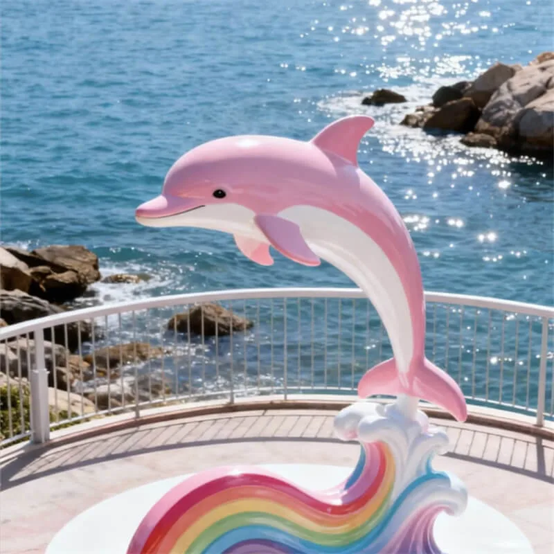 Pink Dolphin Fiberglass Sculpture | Coastal Park Cute Dolphin Statue | Outdoor Rainbow Wave Dolphin Decor — view 4
