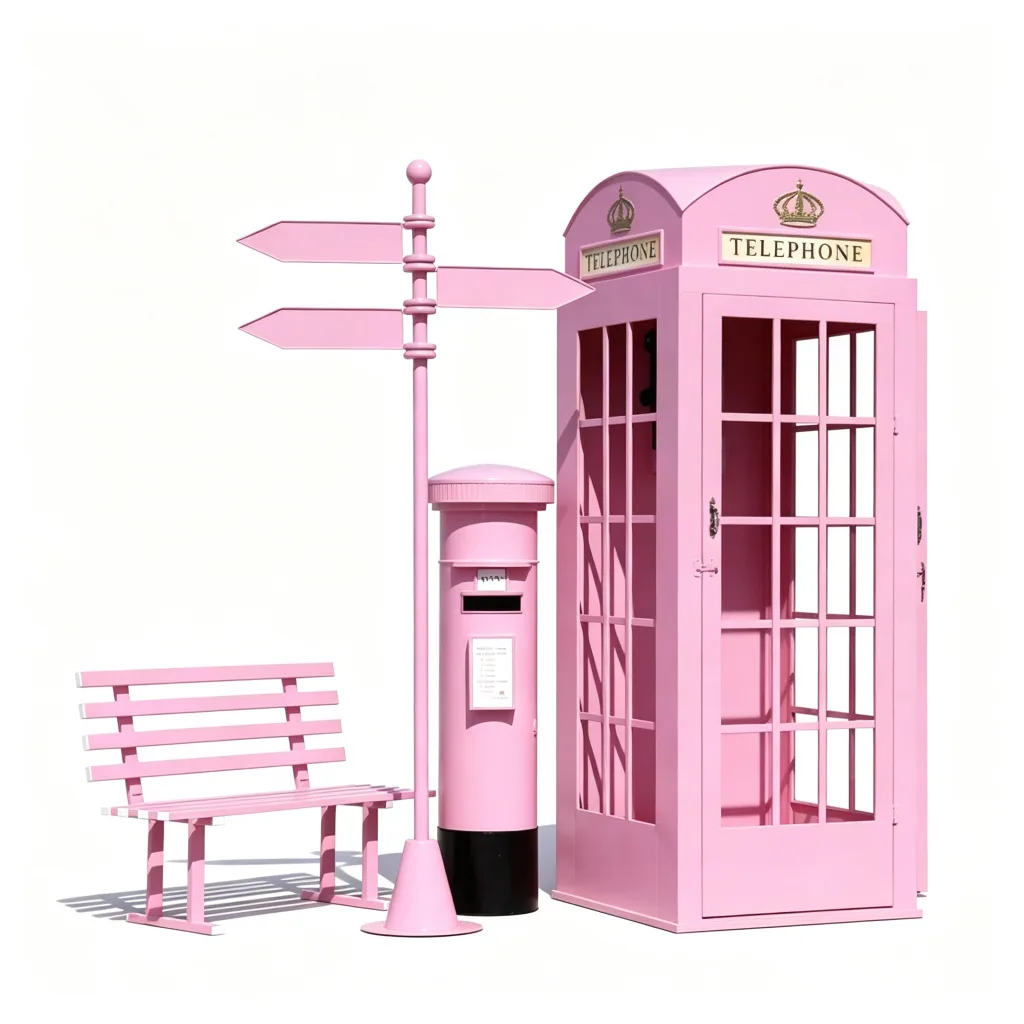Pink Metal London Phone Booth Set with Post Box Signpost Bench Custom Made — view 3