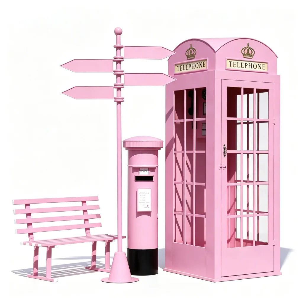 Pink Metal London Phone Booth Set with Post Box Signpost Bench Custom Made — view 4