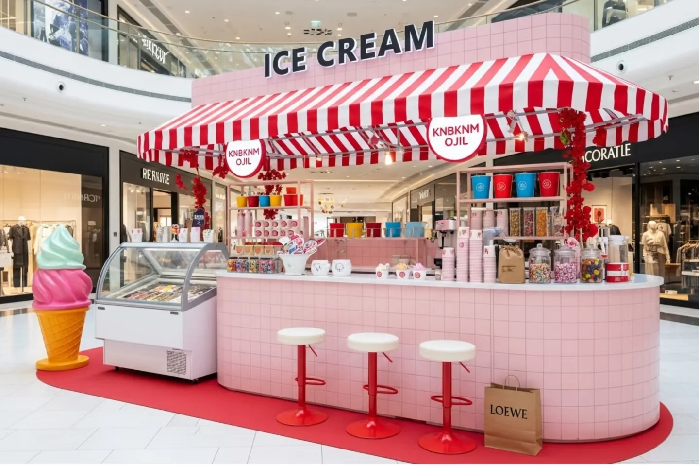 Pink & Red Retro Ice Cream Kiosk — Commercial Mall Dessert Stand — view 4