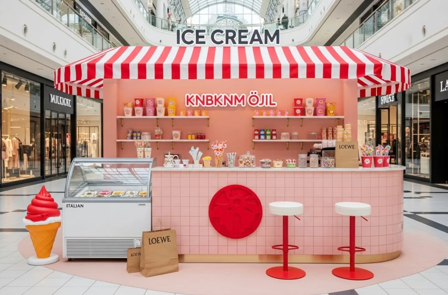 Pink & Red Retro Ice Cream Kiosk — Commercial Mall Dessert Stand — view 3