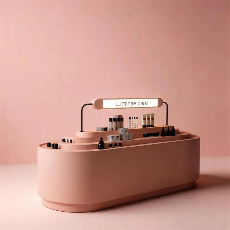 Pink Tiered Cosmetic Display Island Cabinet | MDF with Pink Baking Paint & Light Box for Beauty & Skincare Shops — view 3