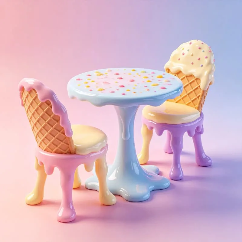 Playful Melting Ice Cream Cone Table And Chairs For Dessert Themed Venue Decor — view 3