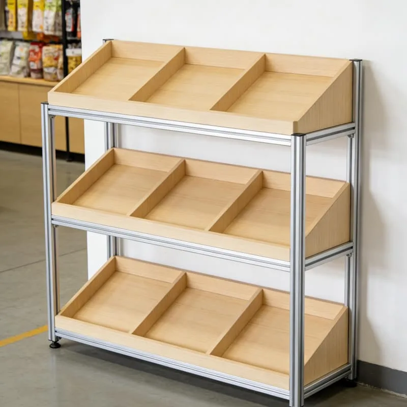 Practical Wooden Bakery Display Shelving Unit Tiered Stand for Central Shop — view 6