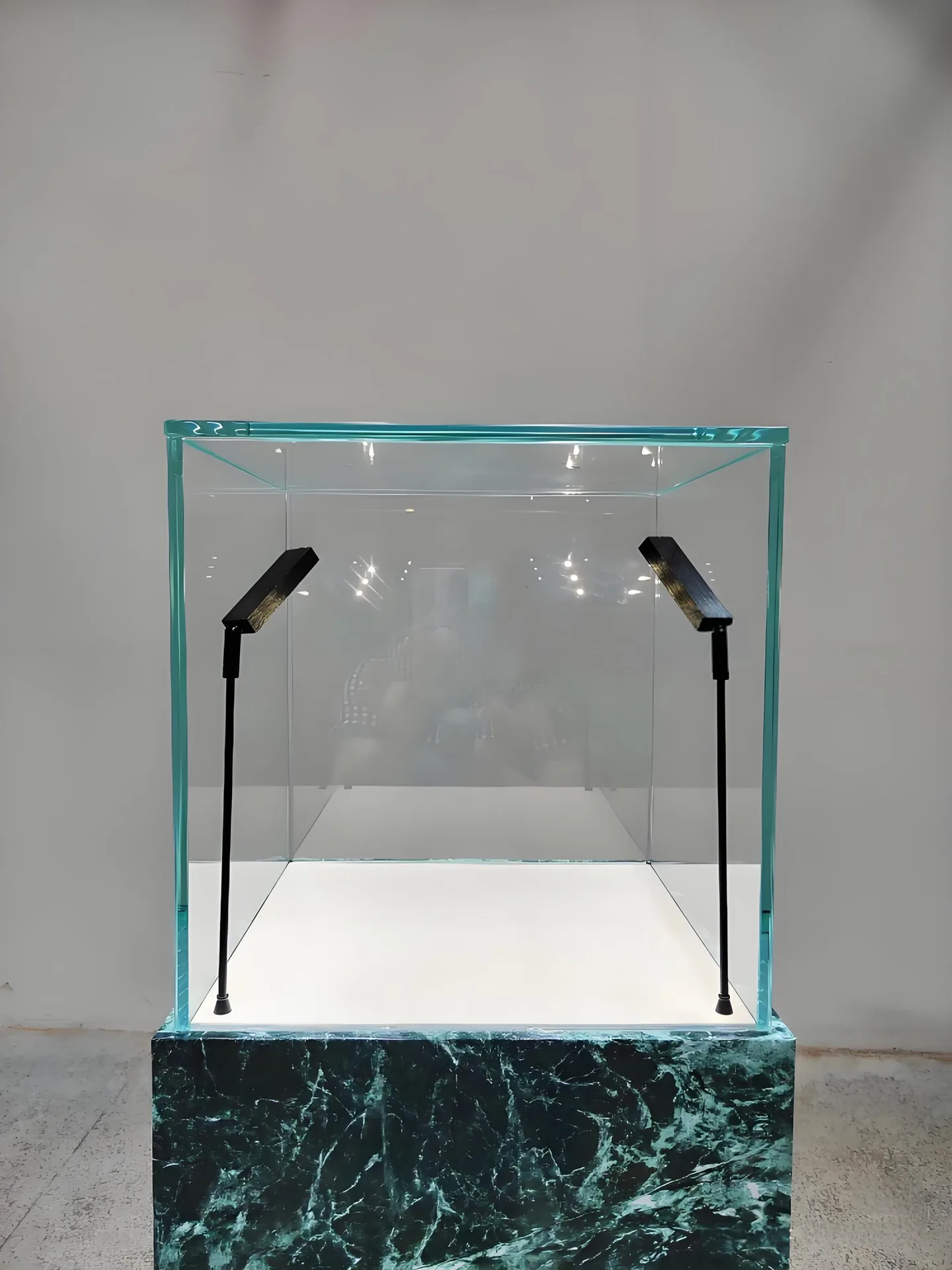 Prada Green Marble Pedestal Display Case | Tall Glass Exhibit Showcase with LED Spotlights — view 4