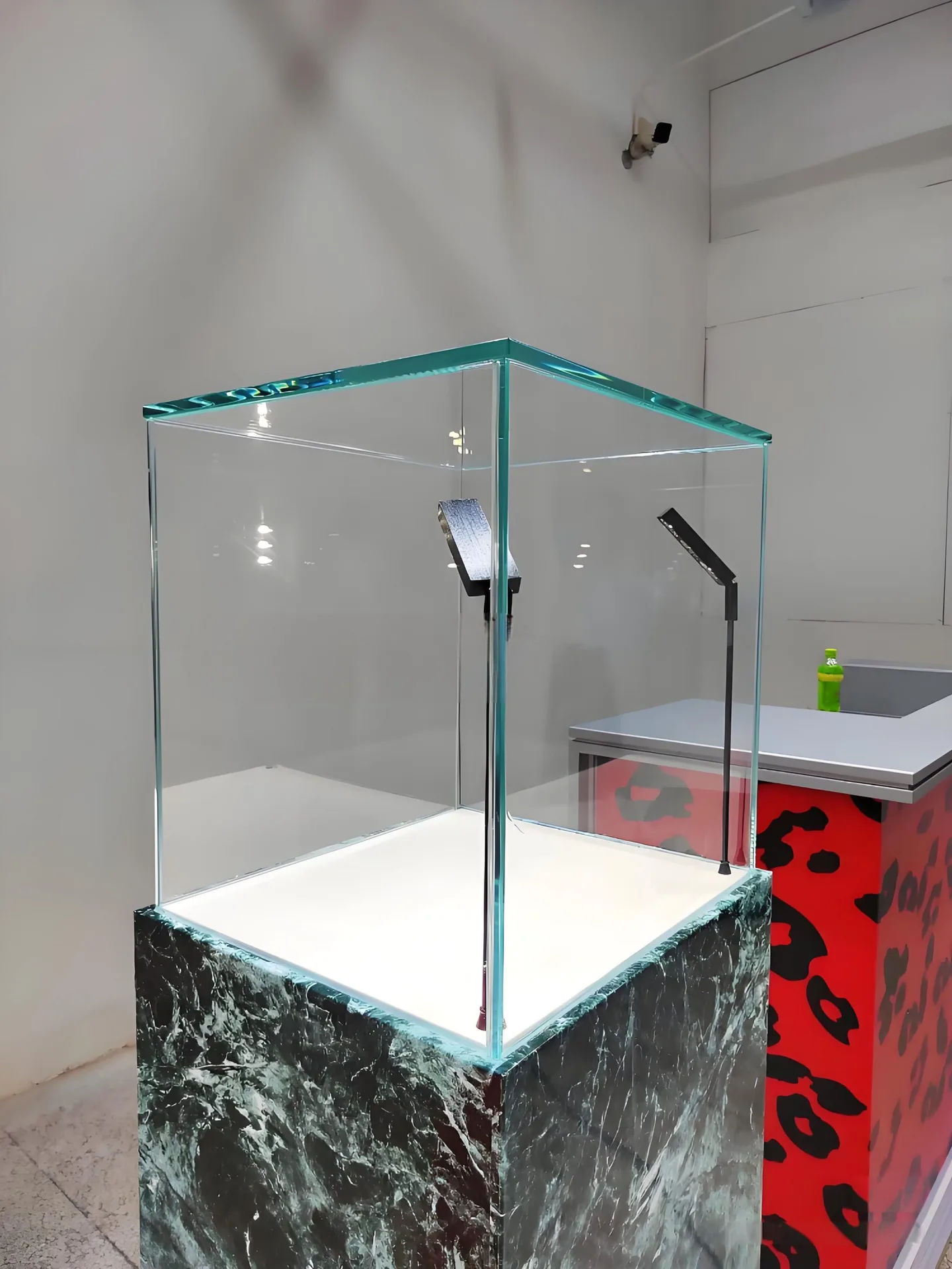 Prada Green Marble Pedestal Display Case | Tall Glass Exhibit Showcase with LED Spotlights — view 5