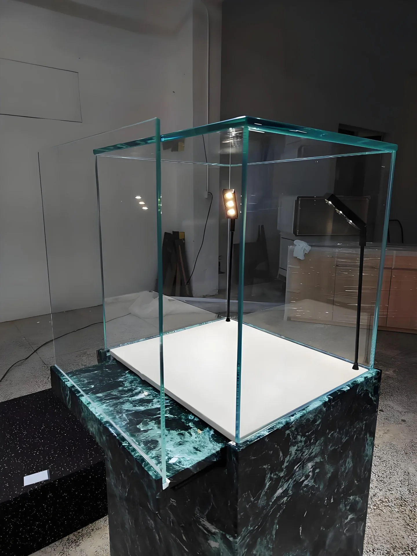 Prada Green Marble Pedestal Display Case | Tall Glass Exhibit Showcase with LED Spotlights — view 3