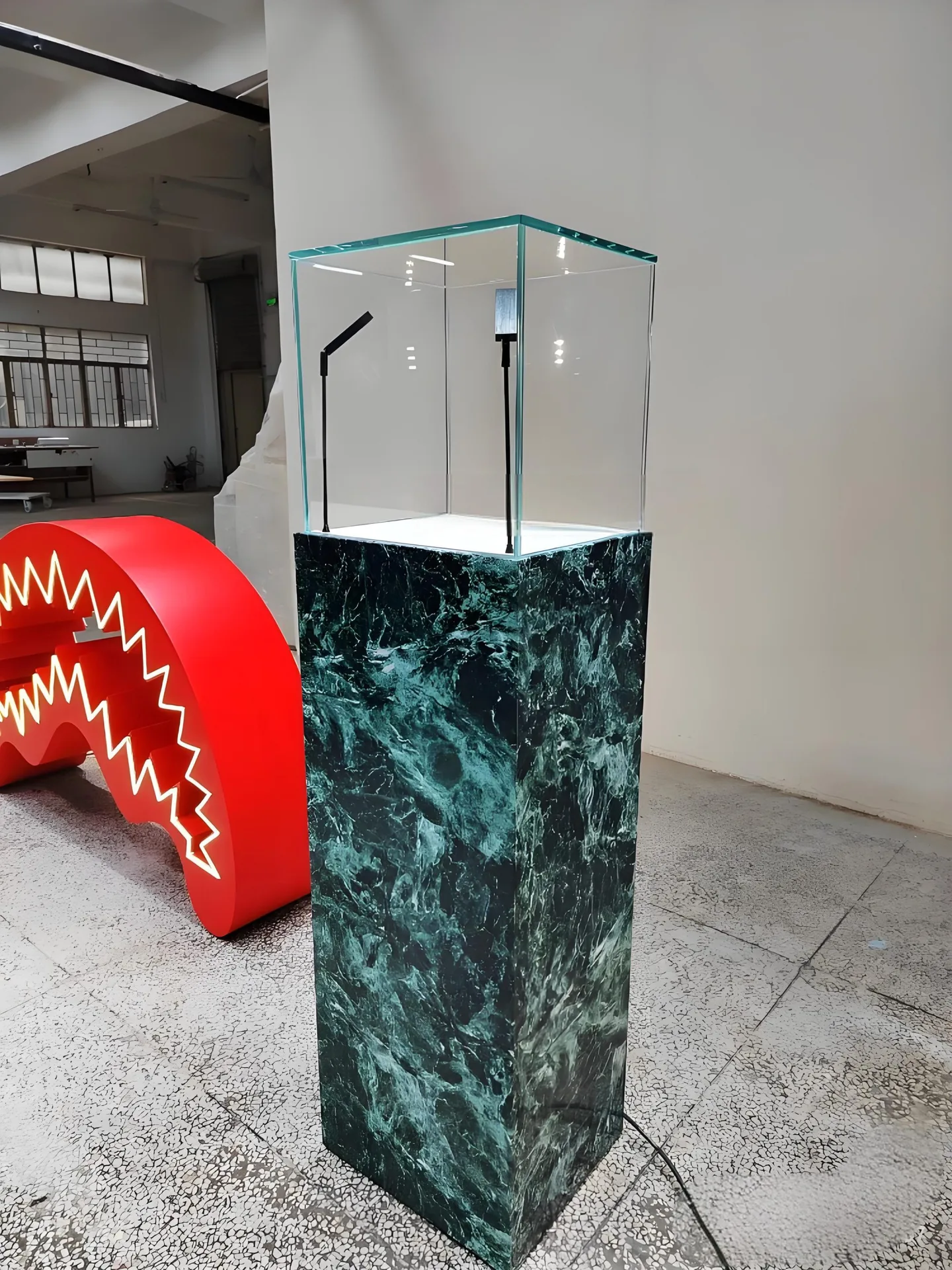 Prada Green Marble Pedestal Display Case | Tall Glass Exhibit Showcase with LED Spotlights — view 2