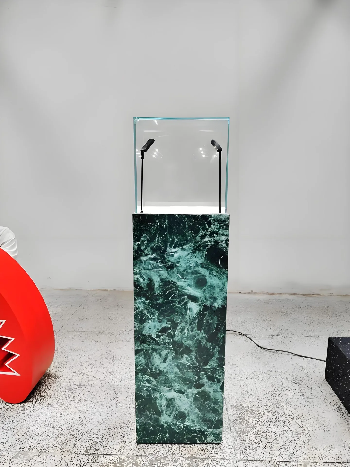Prada Green Marble Pedestal Display Case | Tall Glass Exhibit Showcase with LED Spotlights