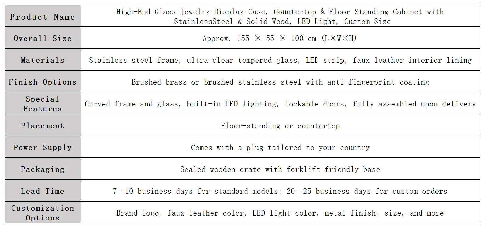 Premium Ultra-Clear Glass Jewelry Display Cabinet with Custom Size & Finish Options — product detail 1