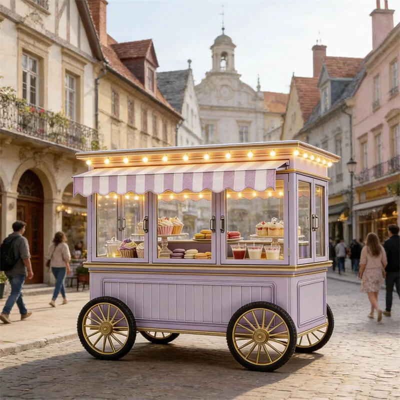 Purple & Gold Mobile Dessert Cart | Customizable Sweet Retail Kiosk for Weddings & Markets