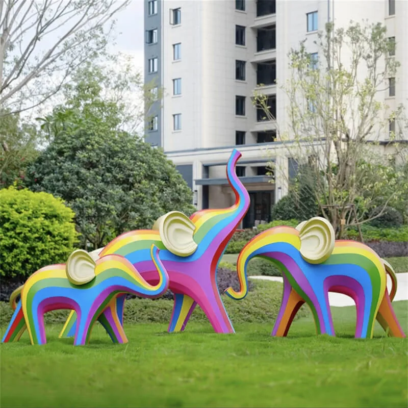 Rainbow Line Abstract Fiberglass Elephant Sculpture | Outdoor Garden Community Photo Spot Decor — view 4