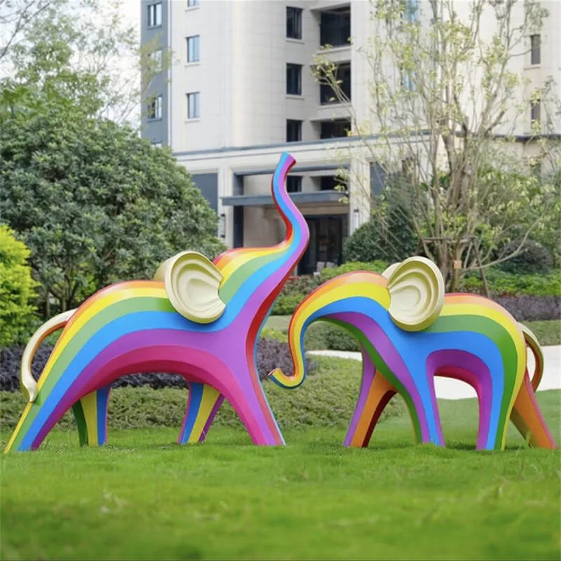 Rainbow Line Abstract Fiberglass Elephant Sculpture | Outdoor Garden Community Photo Spot Decor — view 3