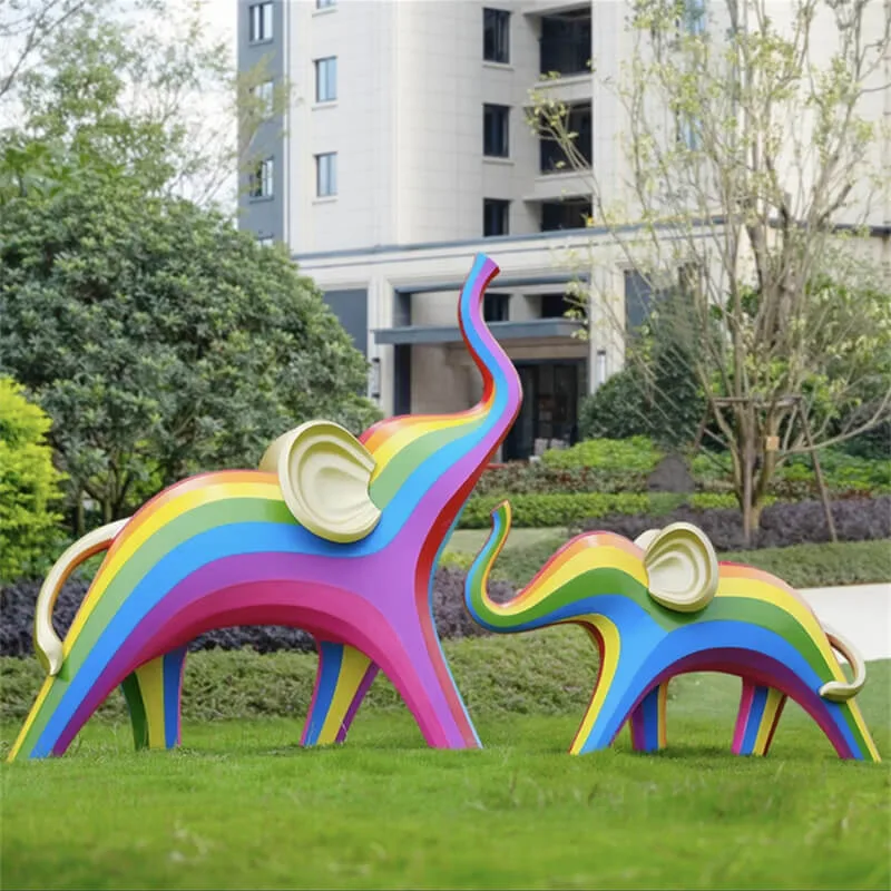Rainbow Line Abstract Fiberglass Elephant Sculpture | Outdoor Garden Community Photo Spot Decor